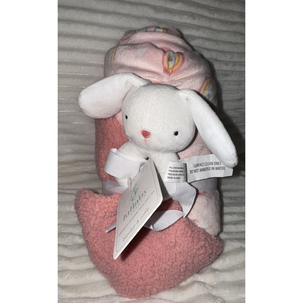 Lullaby Lane Bunny Rattle & Blanket Pink Rainbows Fleece Soft 30x 40” OEKO-TEX